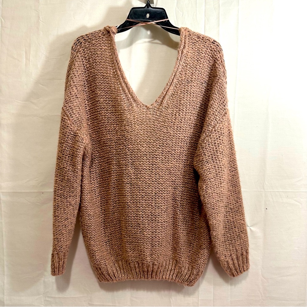 day to day Womens V-Neck & Knotted V-Back Pink Grey Loose Knit Sweater Large